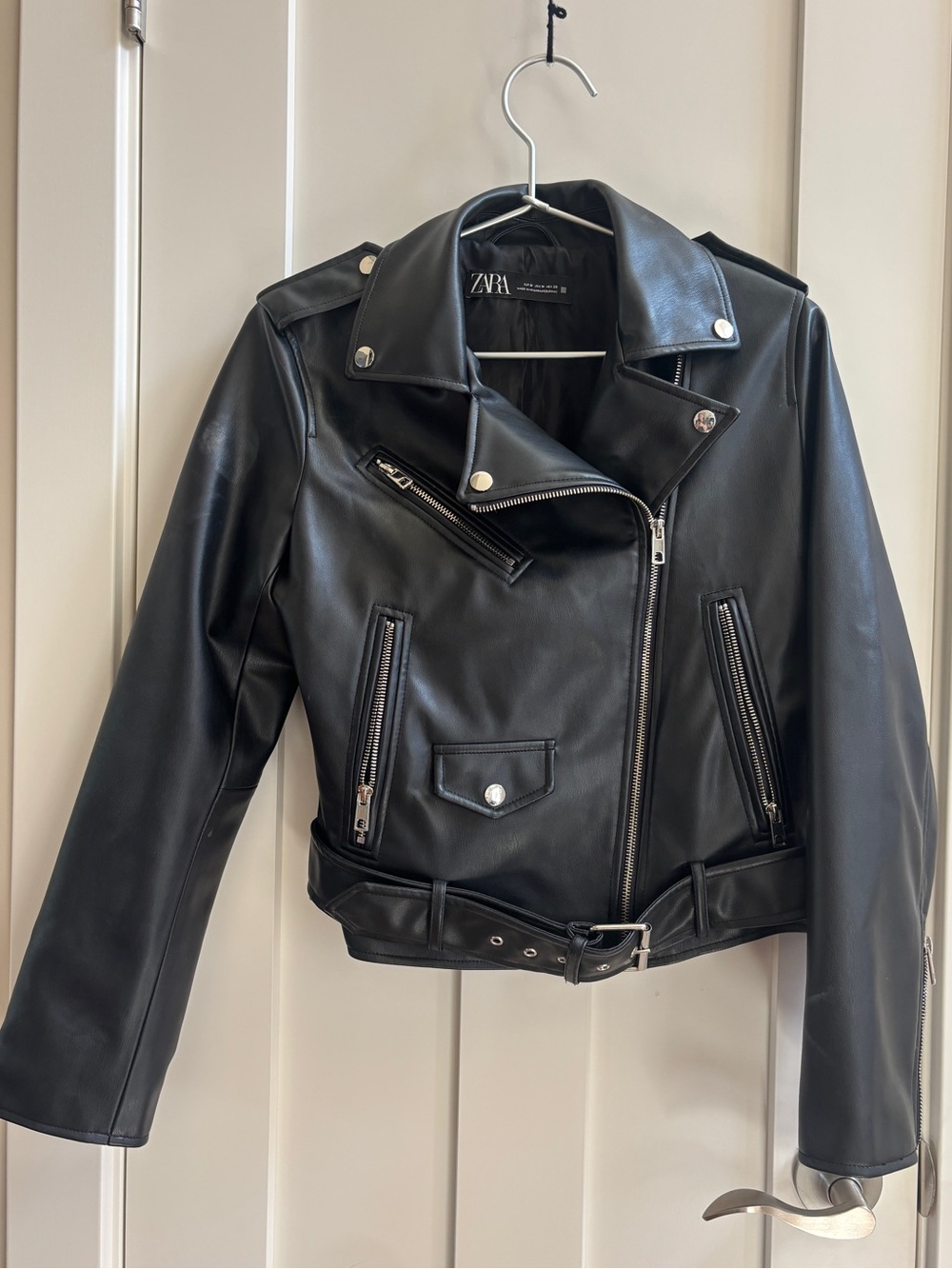 Zara Faux Leather Black Moto Biker Jacket with Belt - Size M